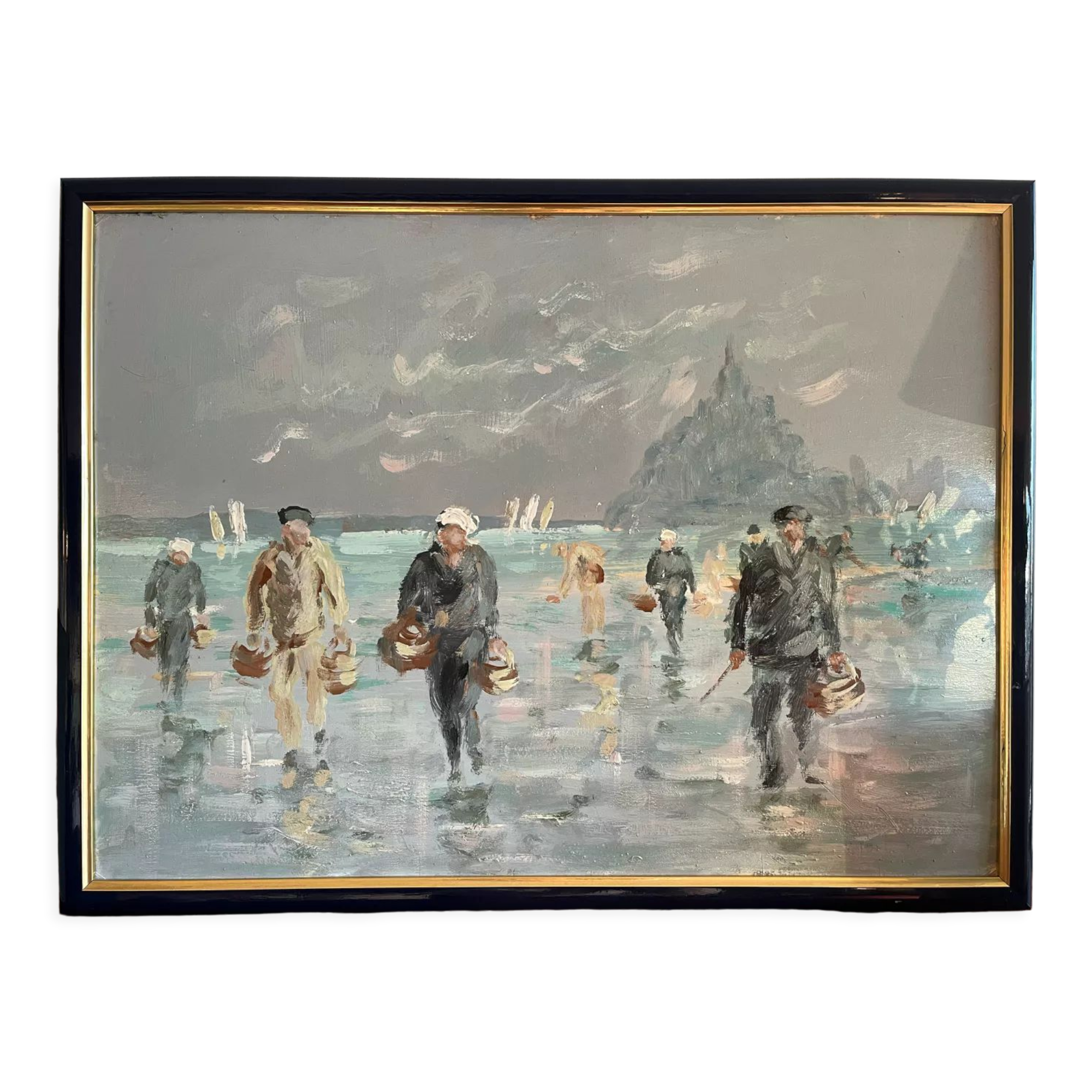 Oil on panel, Fishermen in the bay of Mont Saint Michel