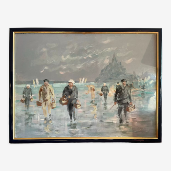 Oil on panel, Fishermen in the bay of Mont Saint Michel