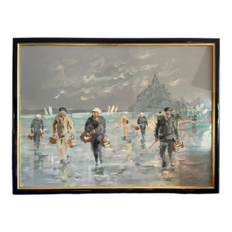 Oil on panel, Fishermen in the bay of Mont Saint Michel