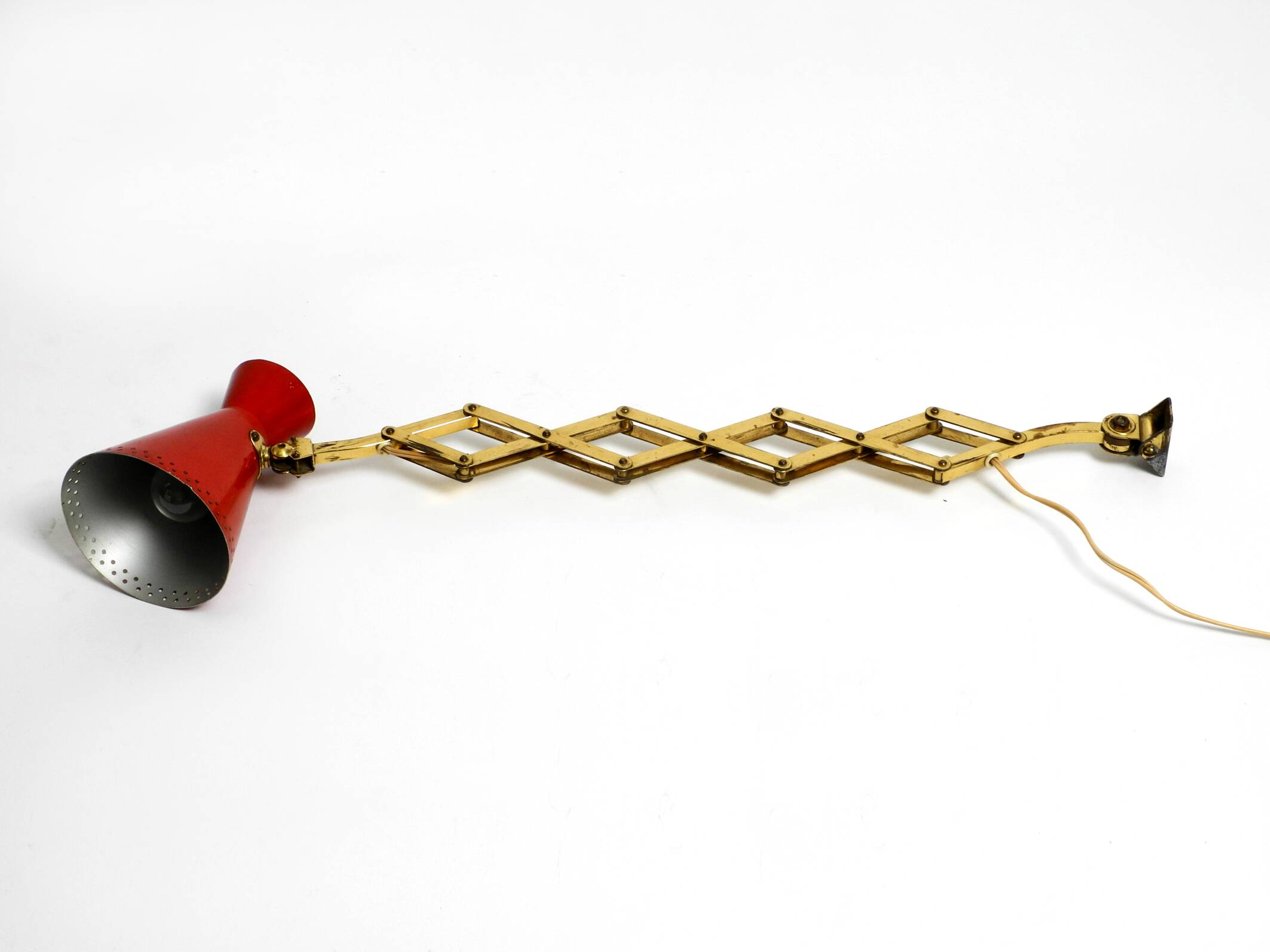 1950s brass extendable scissor wall lamp with aluminum diabolo shade in red