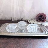 Trio of salt shakers, pepper shakers, molded glass salt shakers