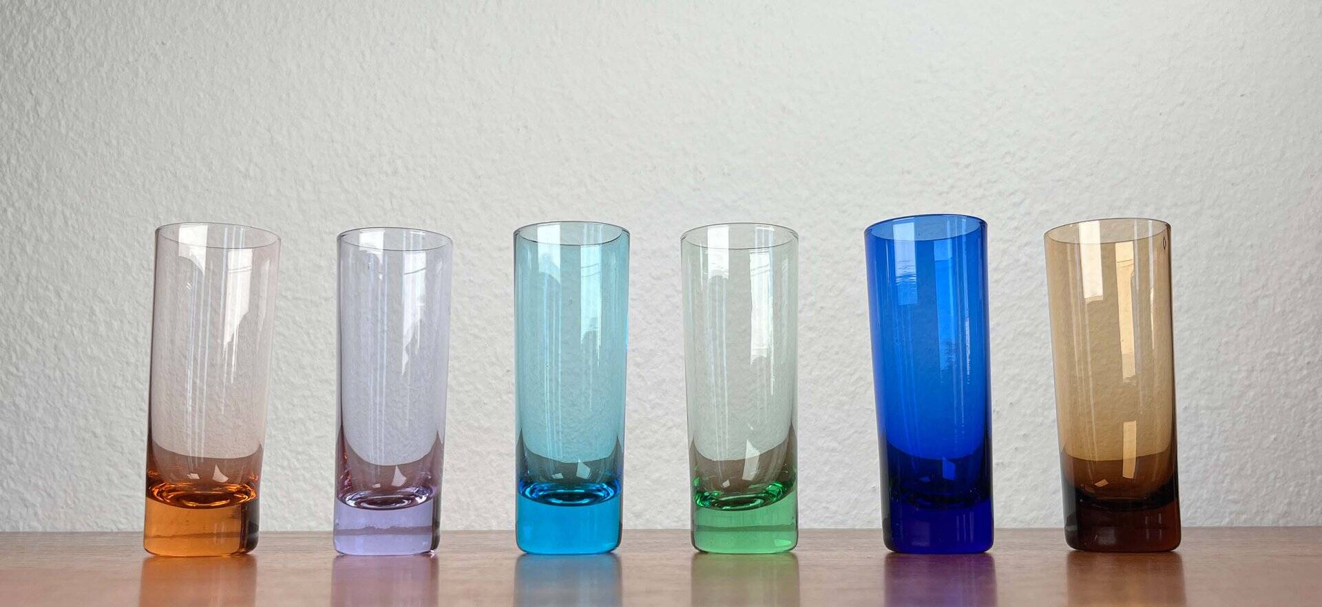 Coloured German shot glasses from the mid-century, 1960s, set of 6.