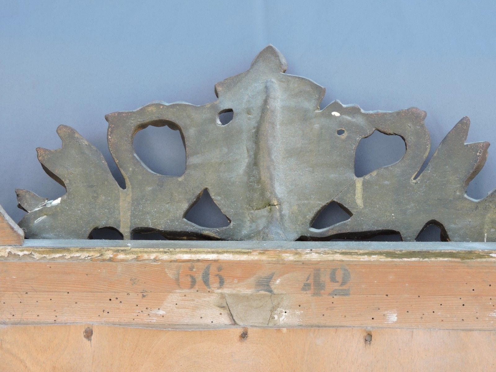 Glass or golden mirror of old fireplace 67x100cm pediment with chimeras