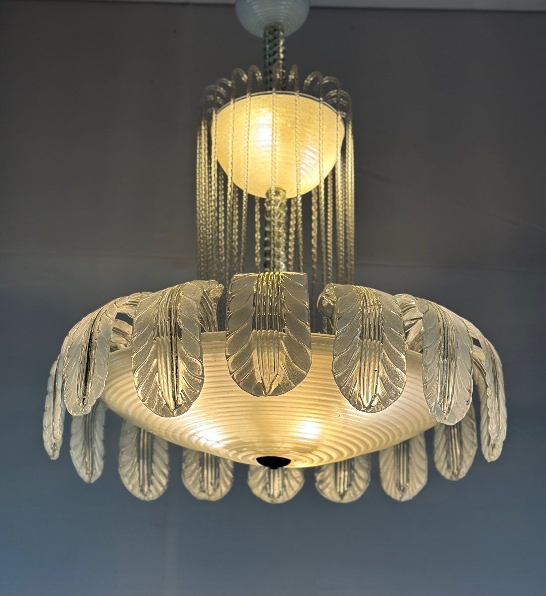 Lustre fontaine vénitien en verre de Murano incolore vert 1940