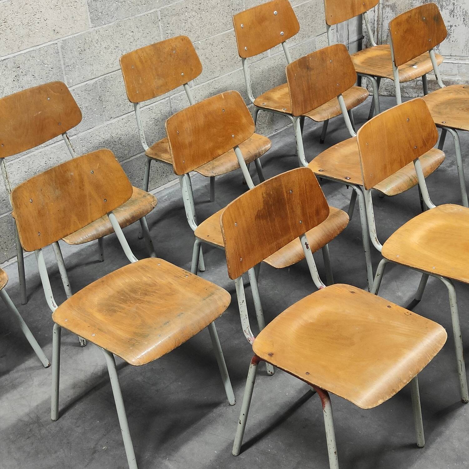 Set of 12 metal and wood school chairs Czechoslovakia Kovona