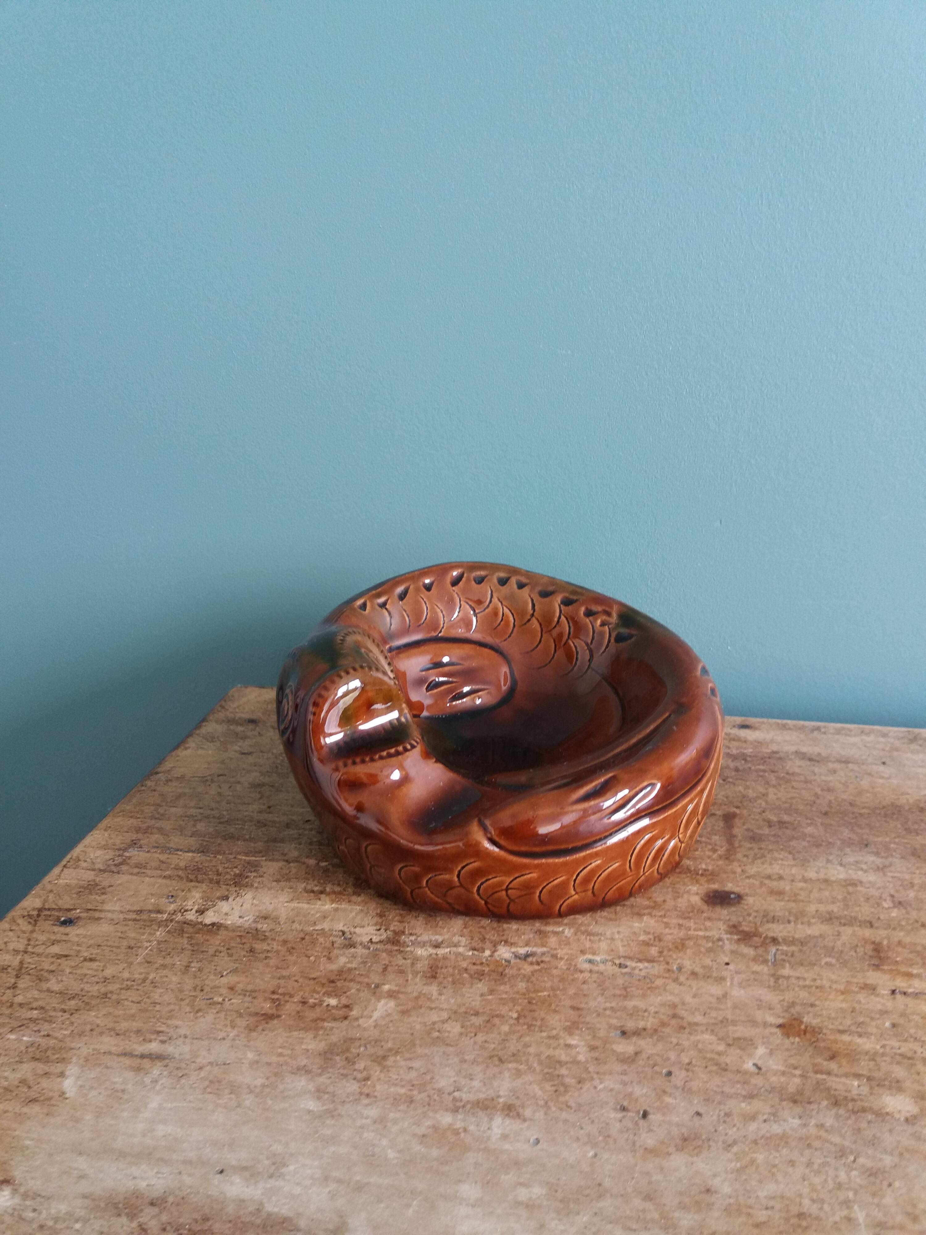 Zoomorphic fish ashtray in glazed terracotta