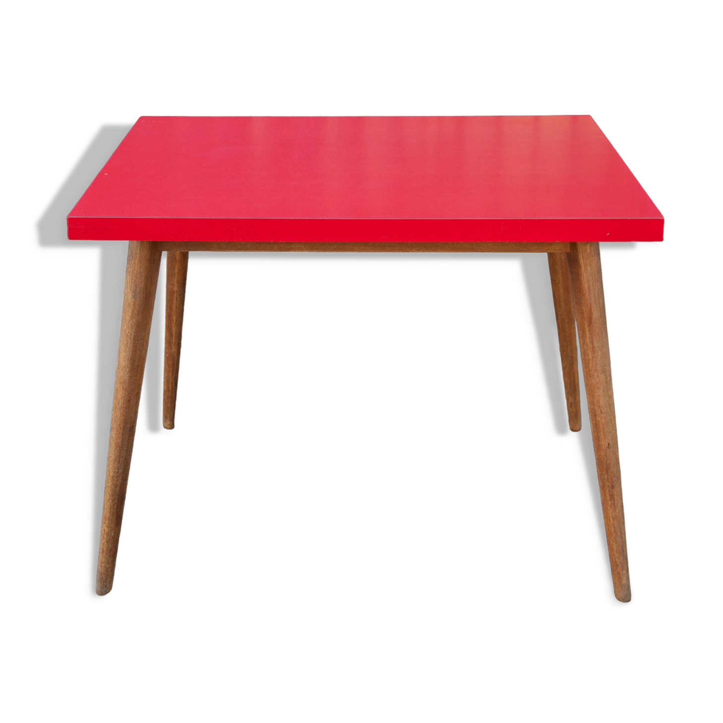 Vintage bistro table, wooden table and red formica feet compass, kitchen, countryside