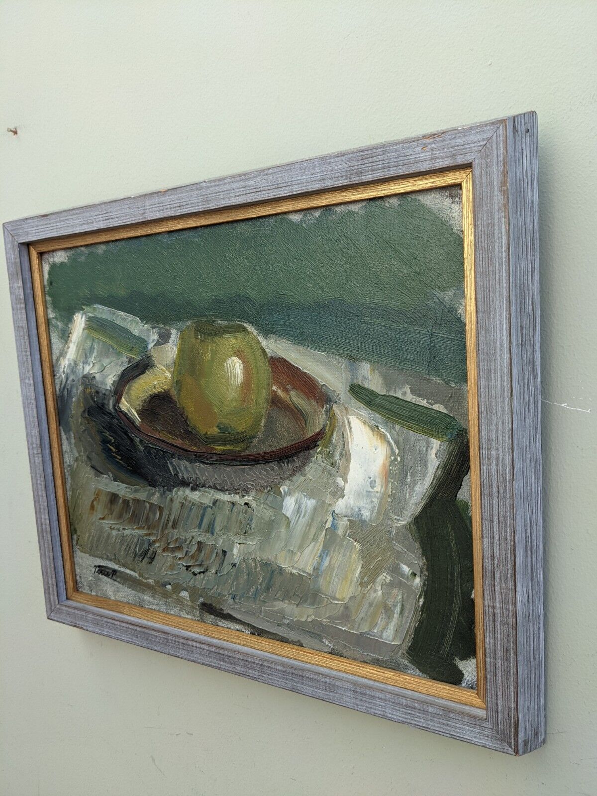 Mid-Century Modern "The Green Apple" Swedish Expressionist Still Life Oil Painting, Framed