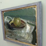 Mid-Century Modern "The Green Apple" Swedish Expressionist Still Life Oil Painting, Framed