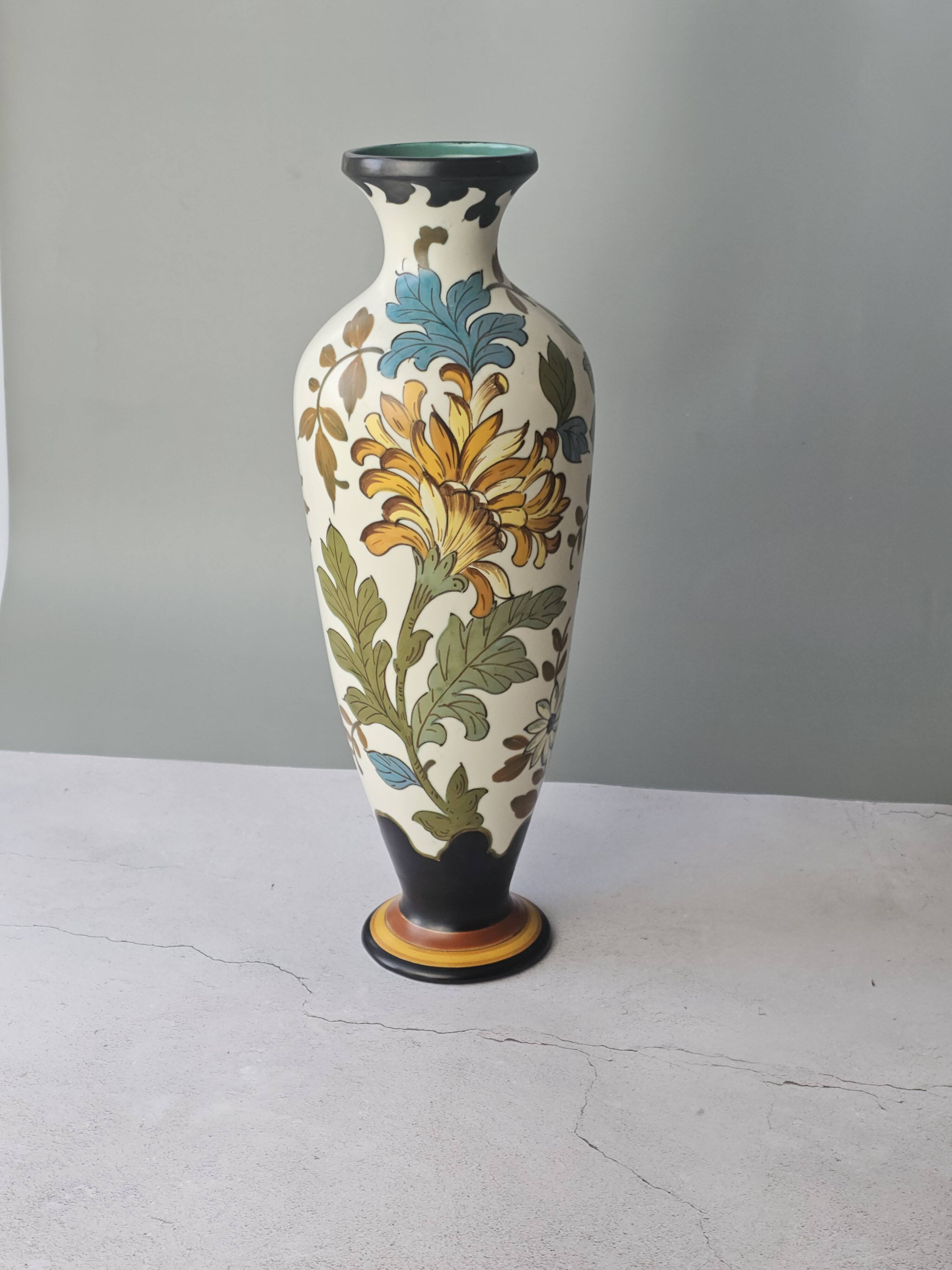Large multicoloured floral vase in Royal Gouda Porcelain, Zuid Holland.