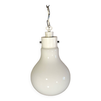 Giant bulb pendant light in opaline and metal space age vintage 1970