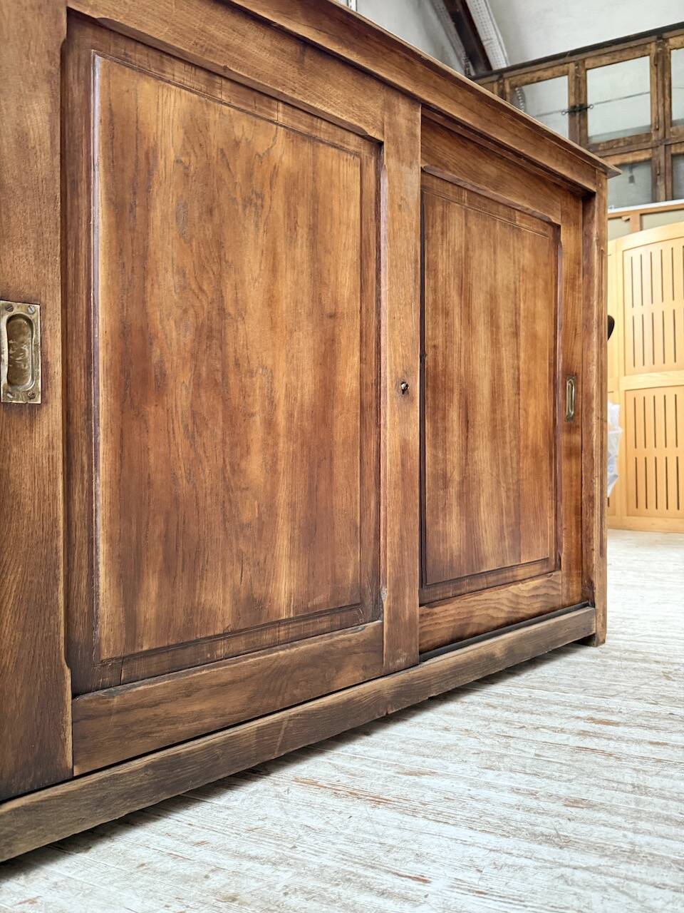 XL oak workshop sideboard with sliding doors from 1900