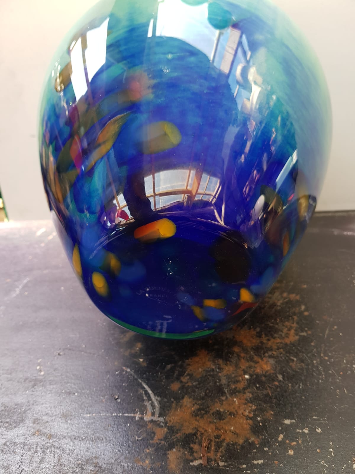 Ancien vase cristallerie la rochere multicouche vert & bleu vintage
