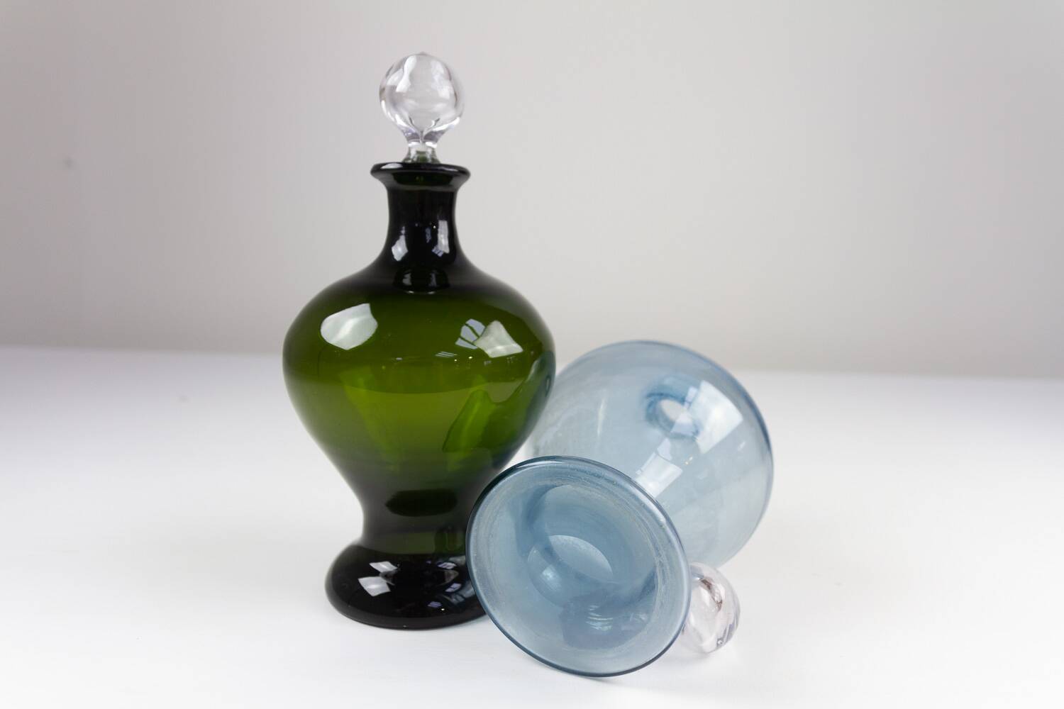 Danish Art Deco Blue and Green Glass Decanters, 1930s, Set of 2