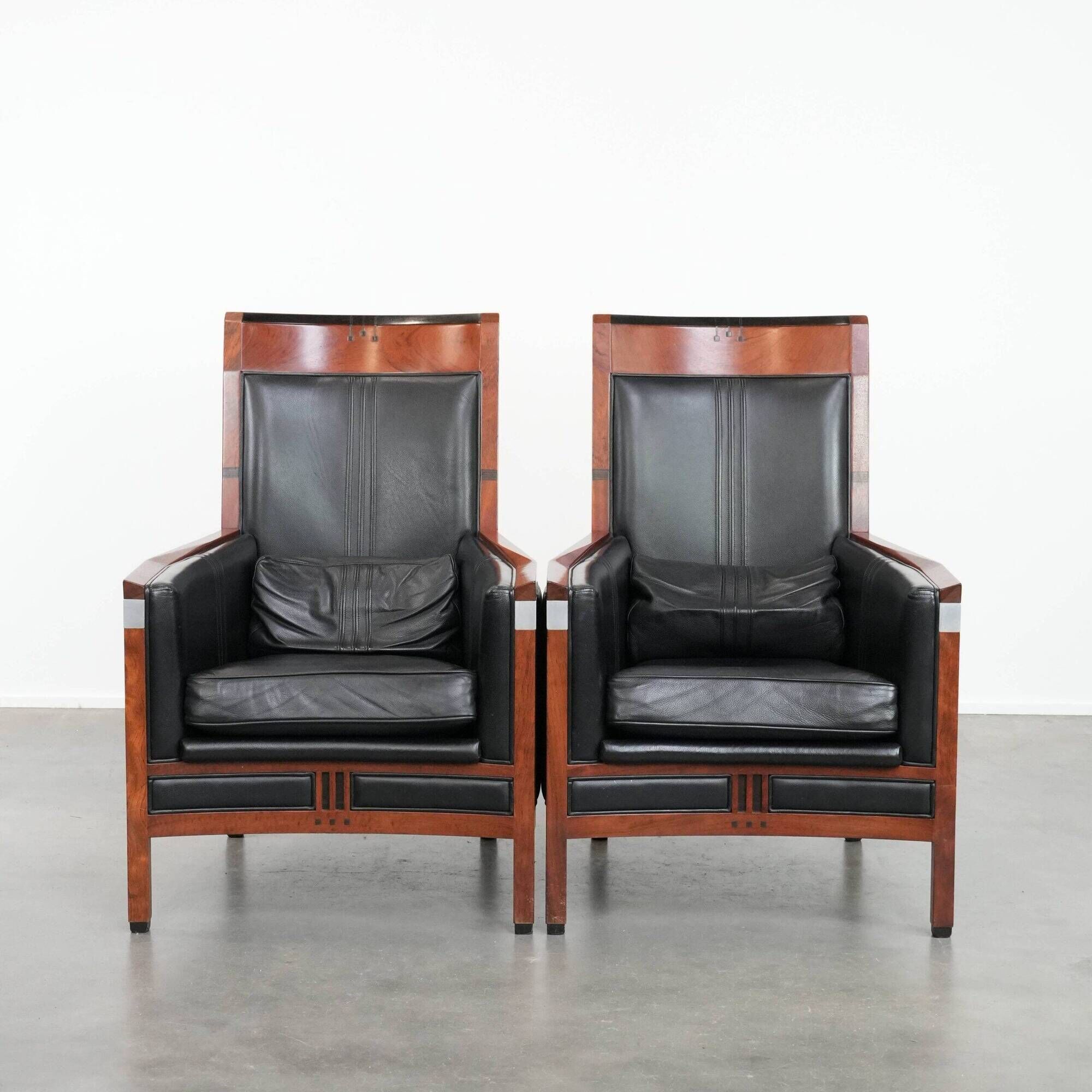 Beautiful set of 2 black cow leather Art Deco design armchairs with high back