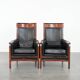 Beautiful set of 2 black cow leather Art Deco design armchairs with high back