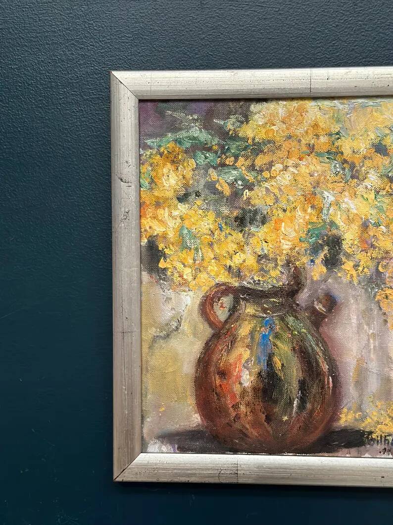 Original Swedish Oil on Canvas – “Vessel with Mimosa” by Monica Gilhorn – Signed – Vintage & Framed – 40 × 31.5 cm (15.7" × 12.4")