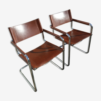 Set chrome and leather armchairs