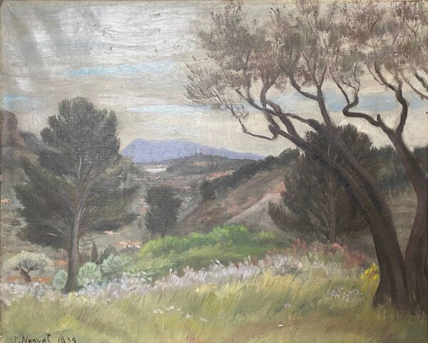Tableau HST daté de 1959 beau ''Paysage avec montagne'' signé + cadre