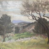 HST painting dated 1959 beautiful "Landscape with mountain" signed + frame