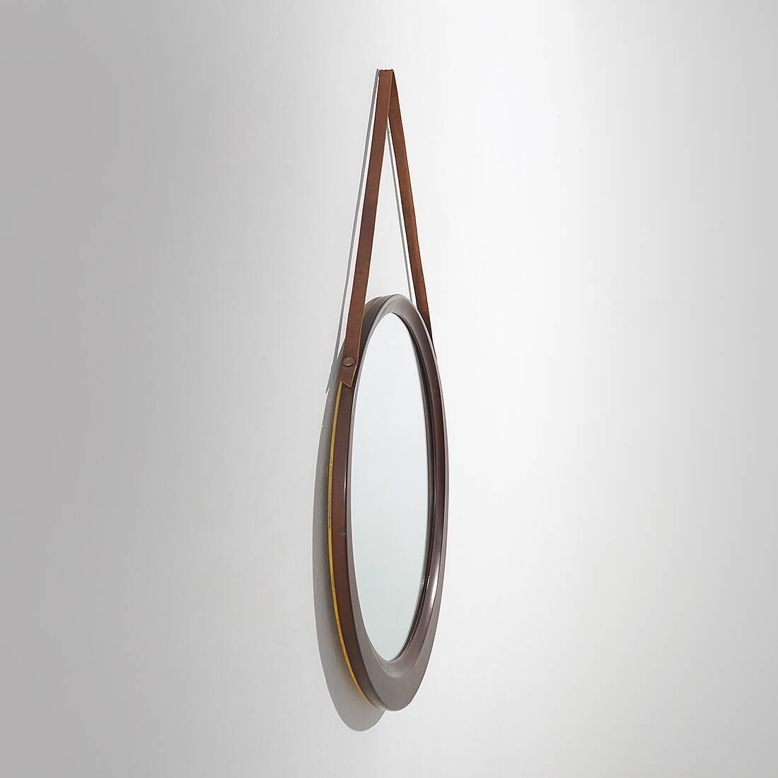 Round wall mirror with leather strap, 1960s
