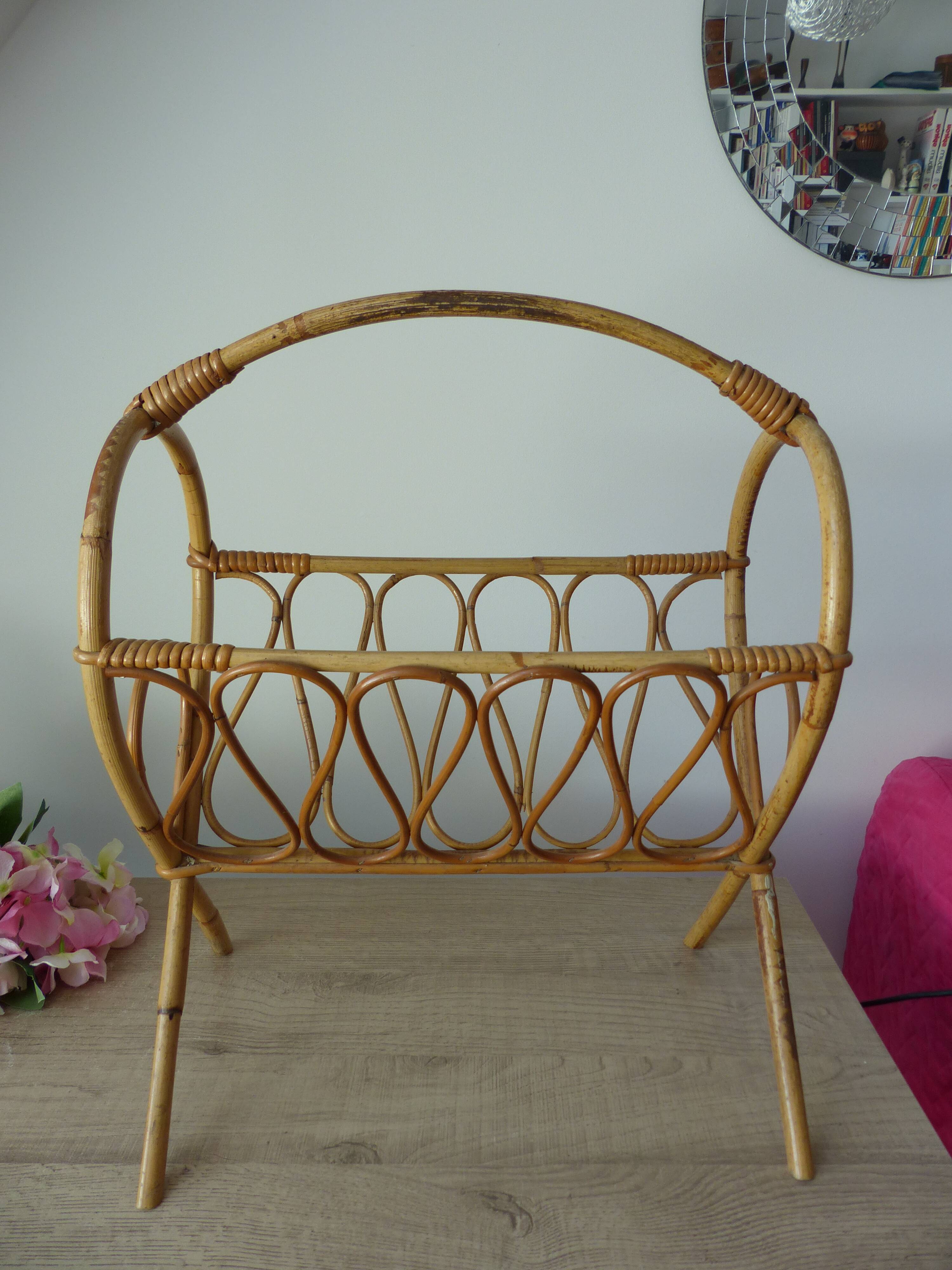 Vintage rattan magazine rack, wicker magazine basket home decor