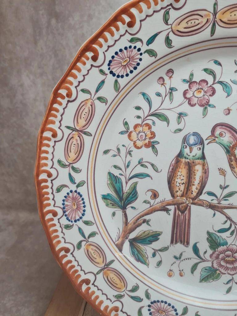Large vintage plate with bird decor – signed Outeiro