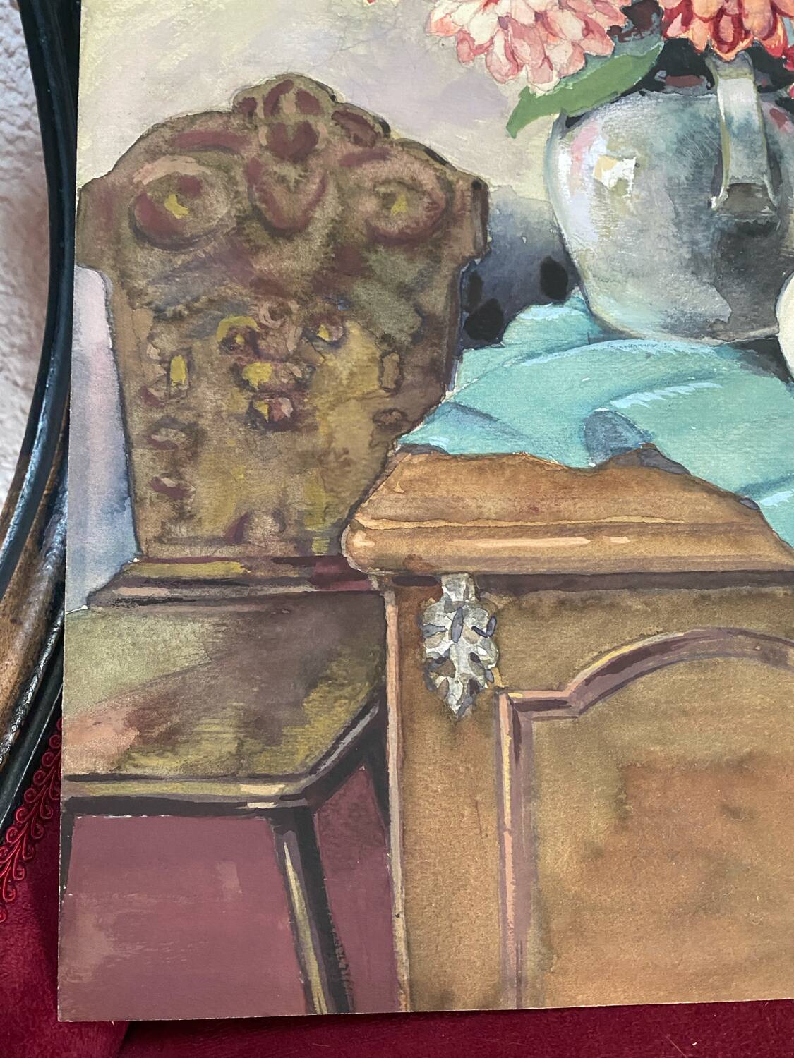 Antique watercolor still life on panel