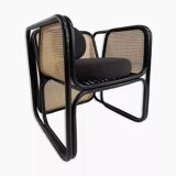 Fauteuil cubique en rotin noir et cannage