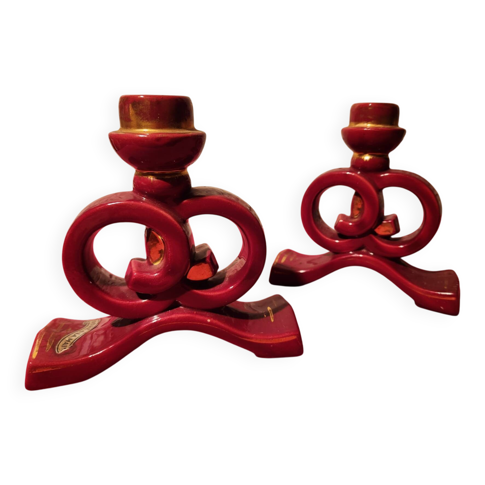 Pair of vintage ceramic candle holders, hand-painted in red and gold.