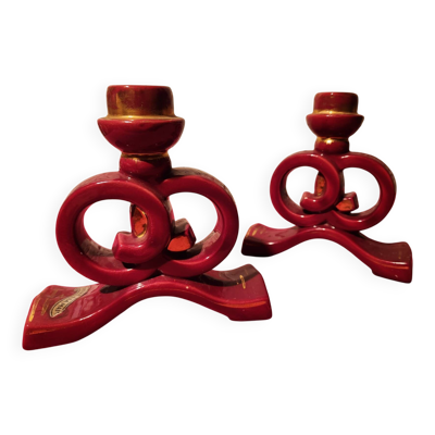 Paire de bougeoirs vintage céramique rouge dorés à la main
