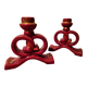 Pair of vintage ceramic candle holders, hand-painted in red and gold.