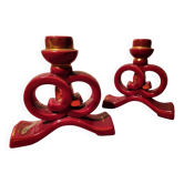 Pair of vintage ceramic candle holders, hand-painted in red and gold.