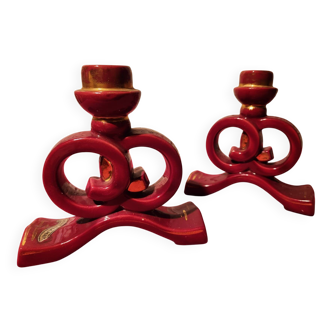 Pair of vintage ceramic candle holders, hand-painted in red and gold.