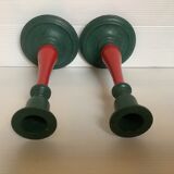 Pair of cast iron and wood candle holders