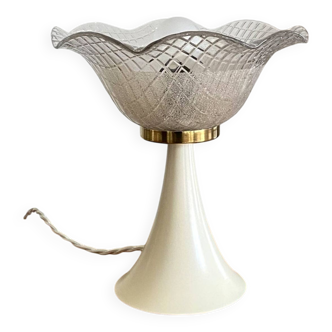 Lampe de table pied tulipe et abat jour en verre années 60 vintage LAMP-7150