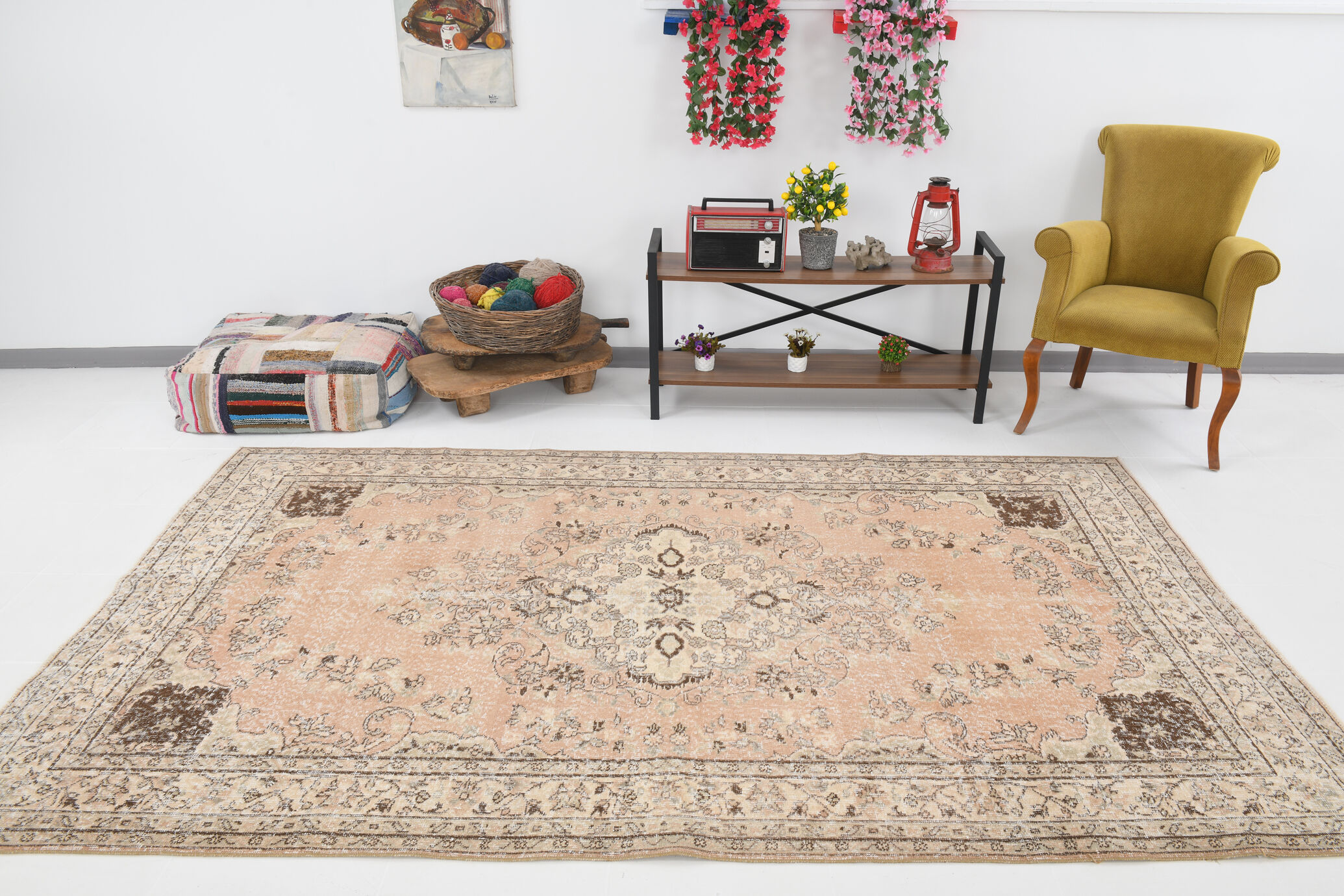 6x9 brown & beige oriental vintage rug 181x291cm