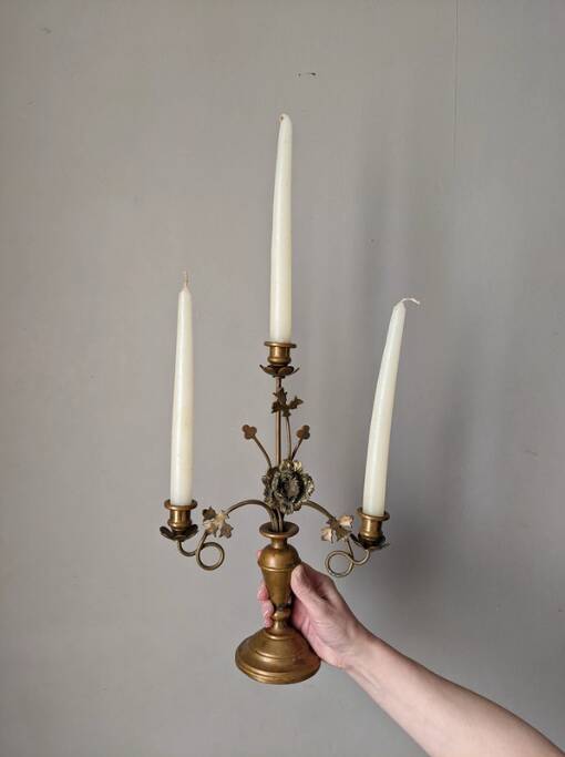 Antique candle holder old brass sunflower baroque countryside three branches