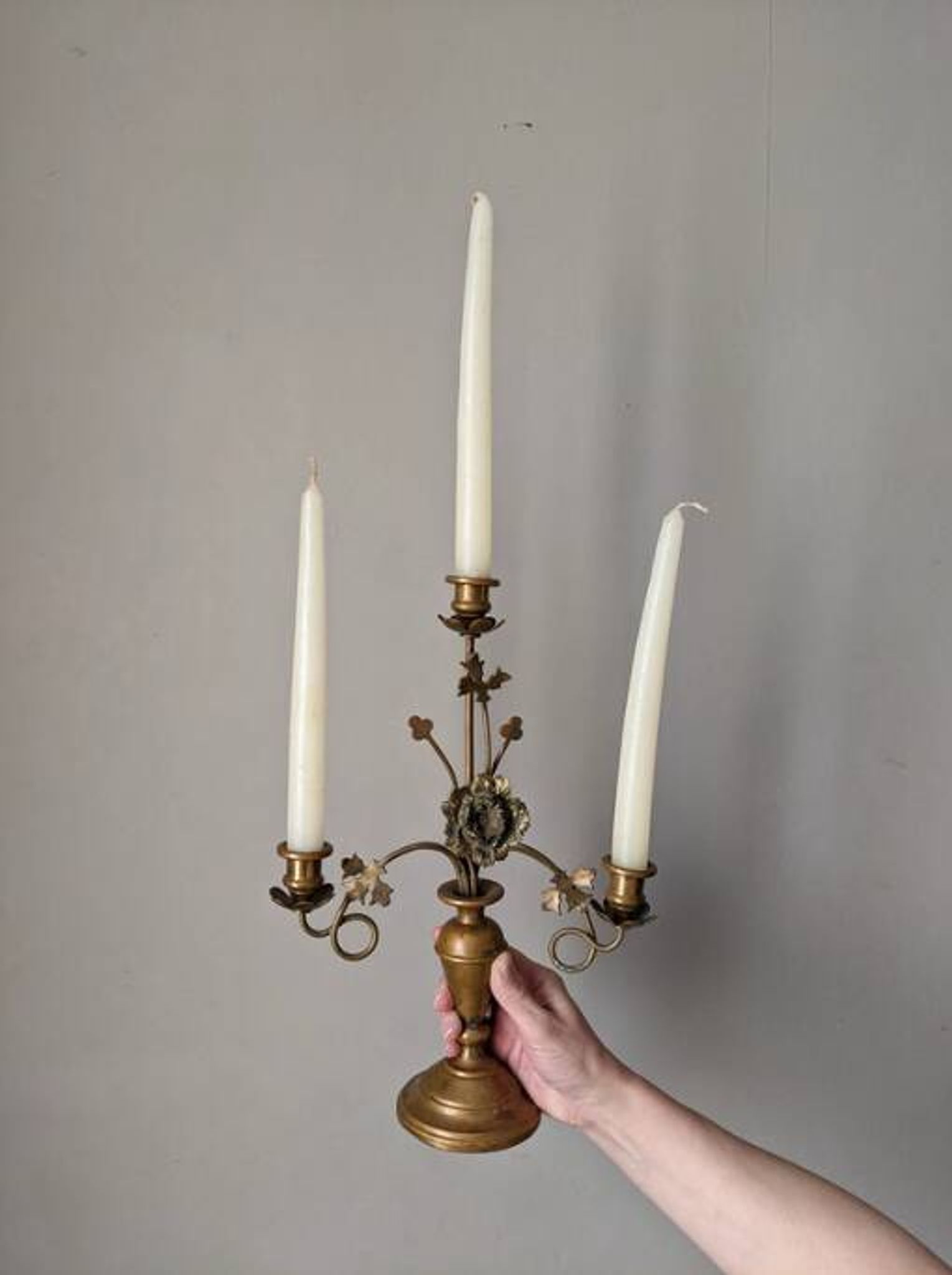 Antique candle holder old brass sunflower baroque countryside three branches