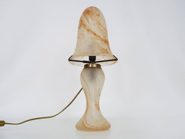 Lampe champignon en pâte de verre transparente tacheté orange à 2 feux