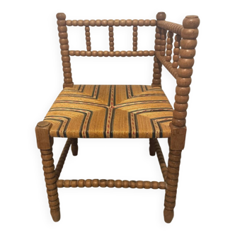 Vintage Art Deco Bobbin Wood and Straw Corner Chair, 1930s