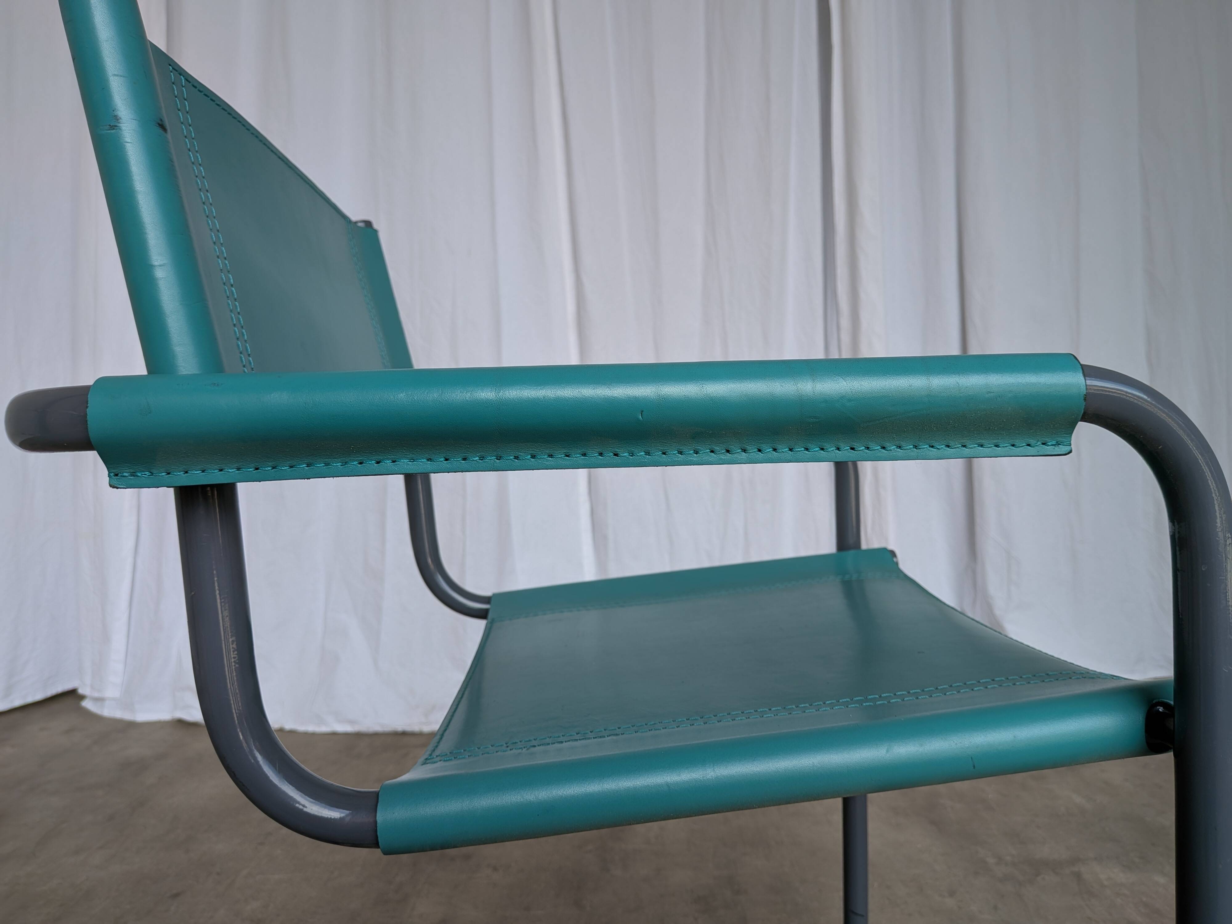 Vintage Mart Stam Style Armchair: Turquoise Leather, Black Chrome Cantileve