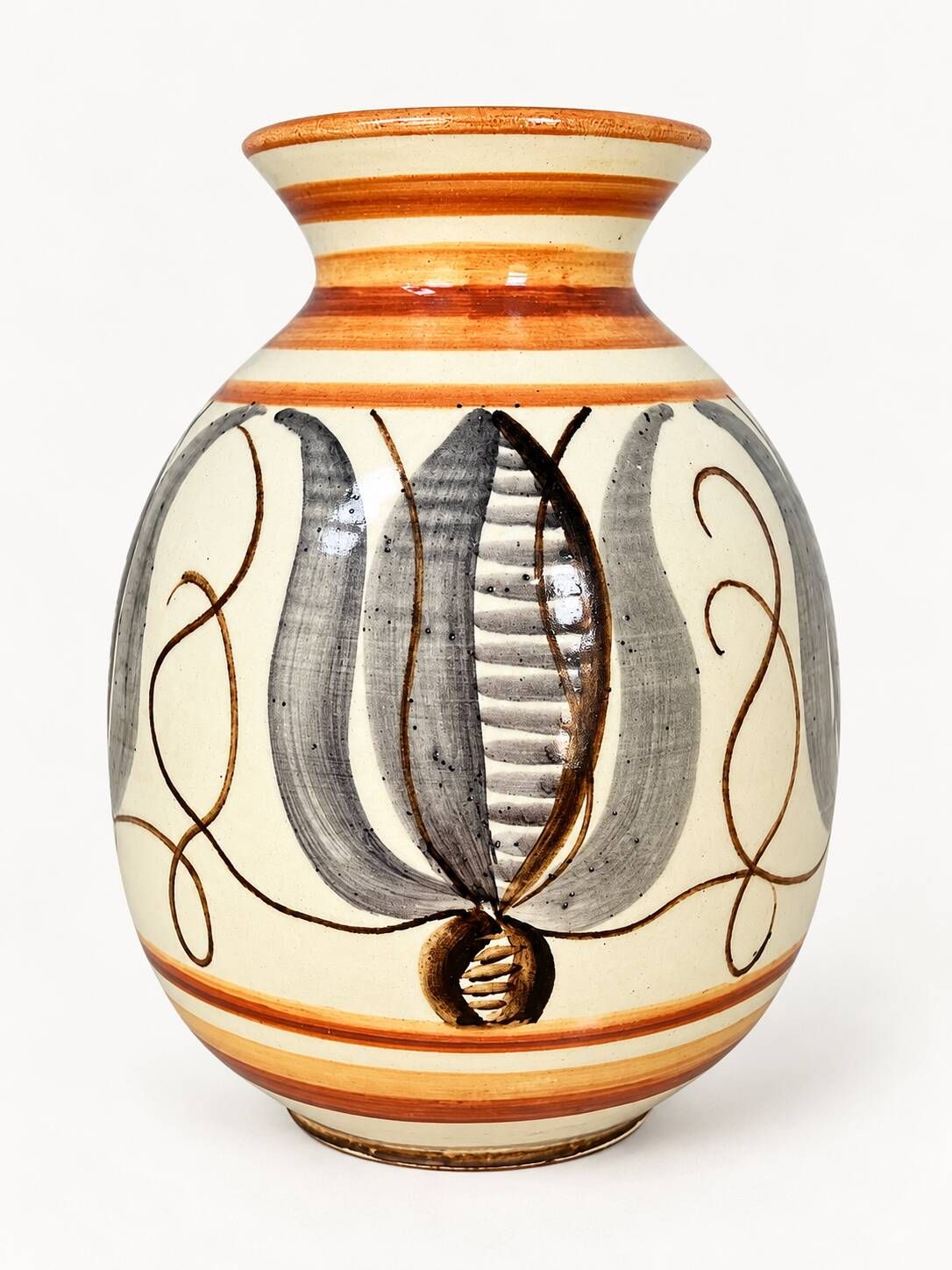 Kupittaan Savi vase hand-painted, tulip pattern, Finland, 1940s–50s