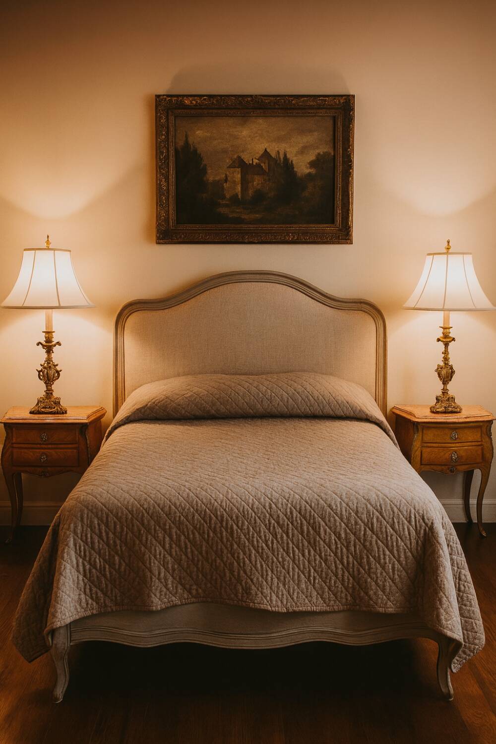 Pair of Louis XV style curved bedside tables in marquetry
