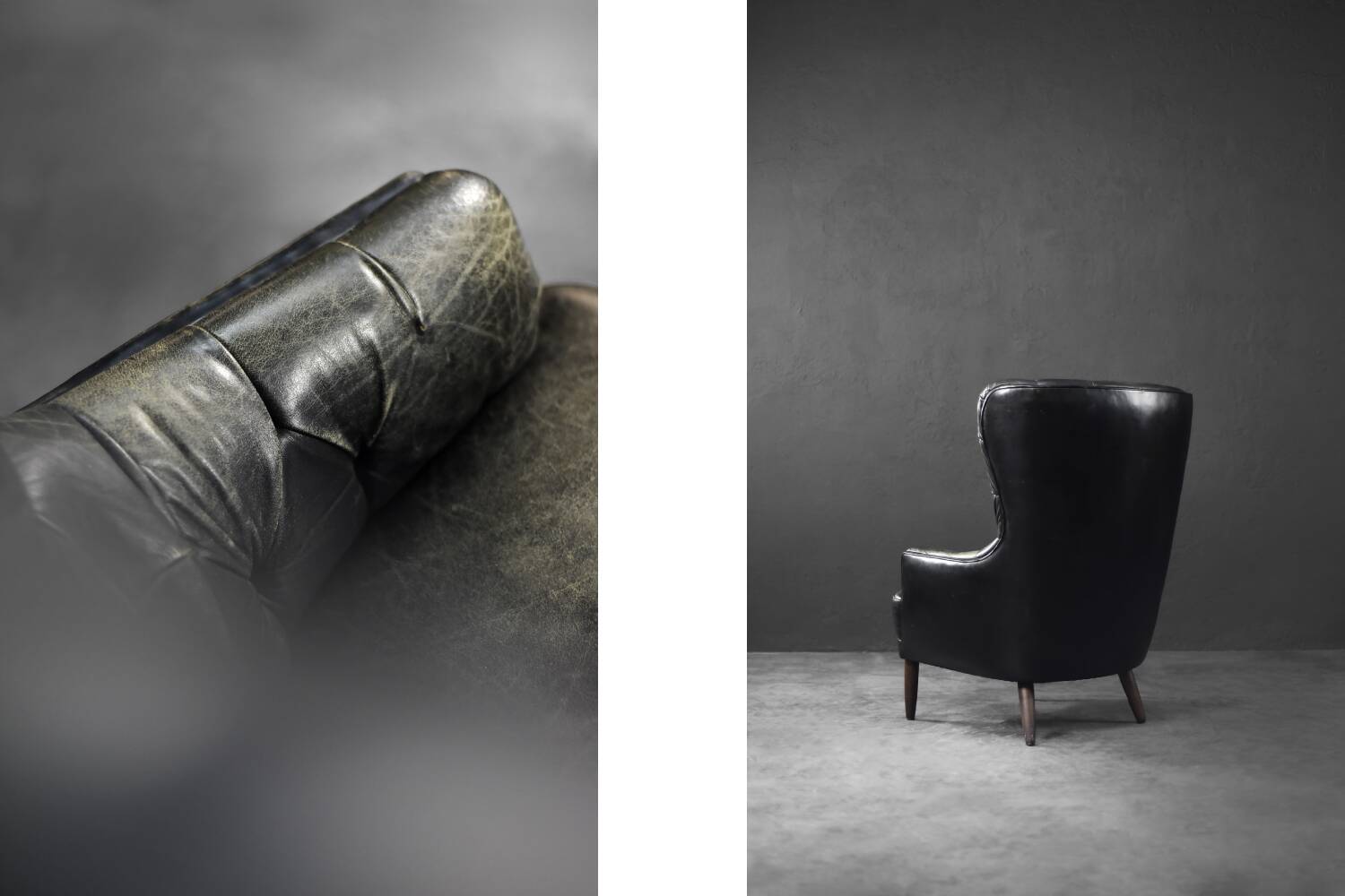 Vintage Danish modern wingback chair in black quilted leather, mid-20th century, 1960s.