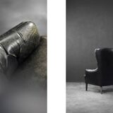 Vintage Danish modern wingback chair in black quilted leather, mid-20th century, 1960s.