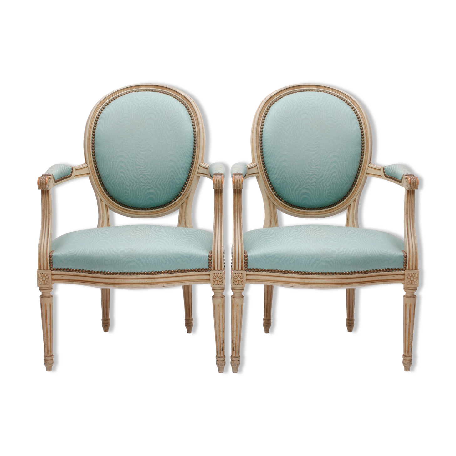 Paire de fauteuils médaillon couleur bleu turquoise de style Louis XVI