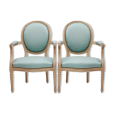 Paire de fauteuils médaillon couleur bleu turquoise de style Louis XVI