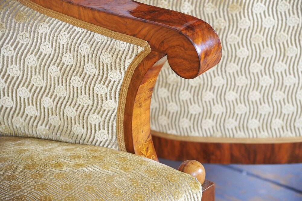 Empire Upholstered and Inlaid Walnut Living Room Set, Austria, 1810s, Set of 3
