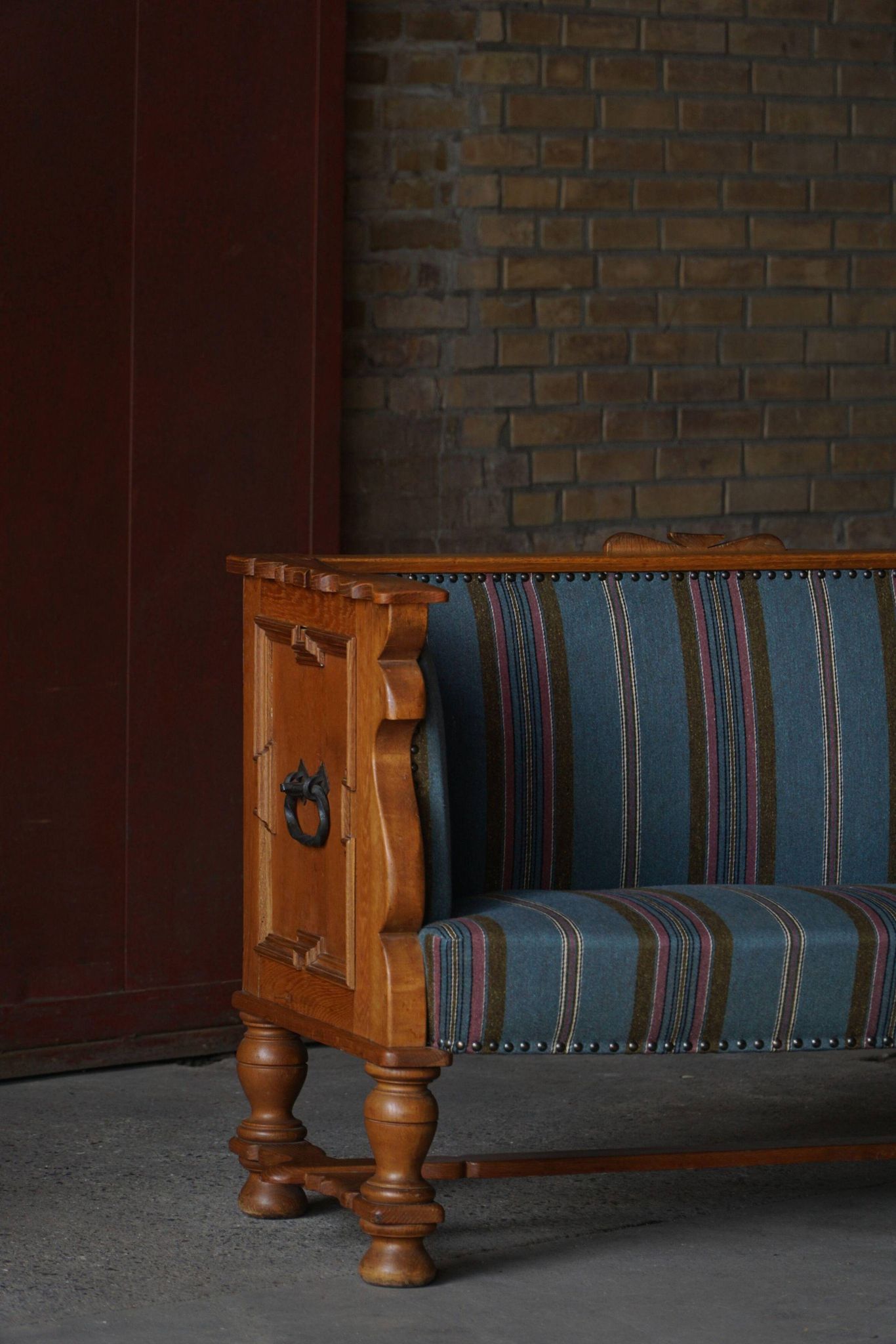 Oak canapé adorned with original upholstery, Nordic classicism, Sweden, 1930s.